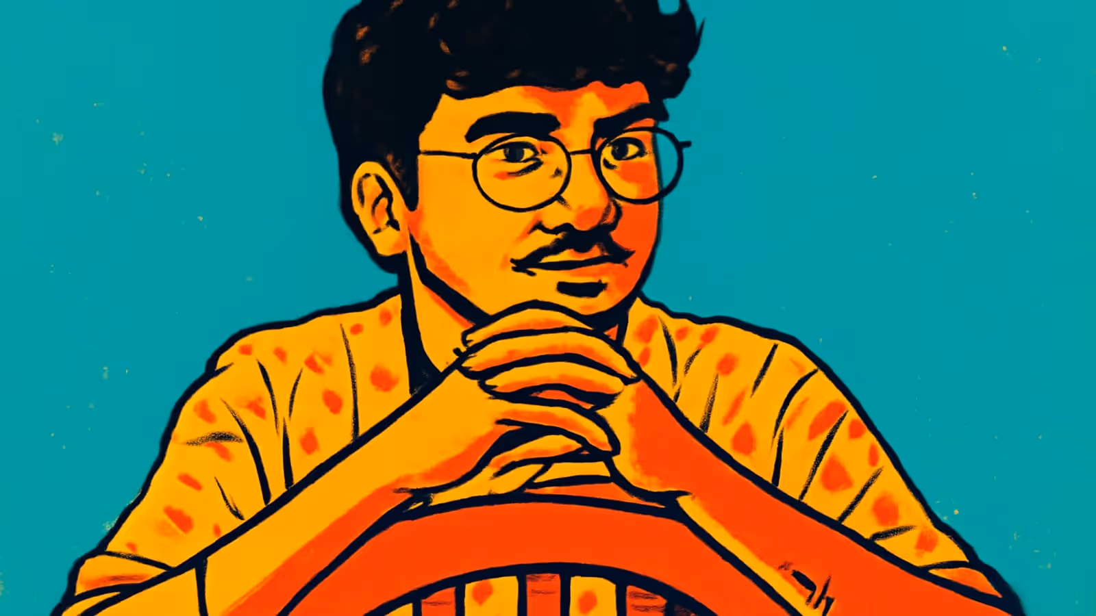Pop-art illustration of a young man with glasses and a moustache, hands clasped together and resting on the back of a chair in front of him, looking directly at the camera against a teal background.