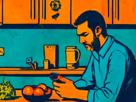Pop-art illustration of a bearded person in a blue shirt sitting at a kitchen table, head down, holding a phone in both hands.