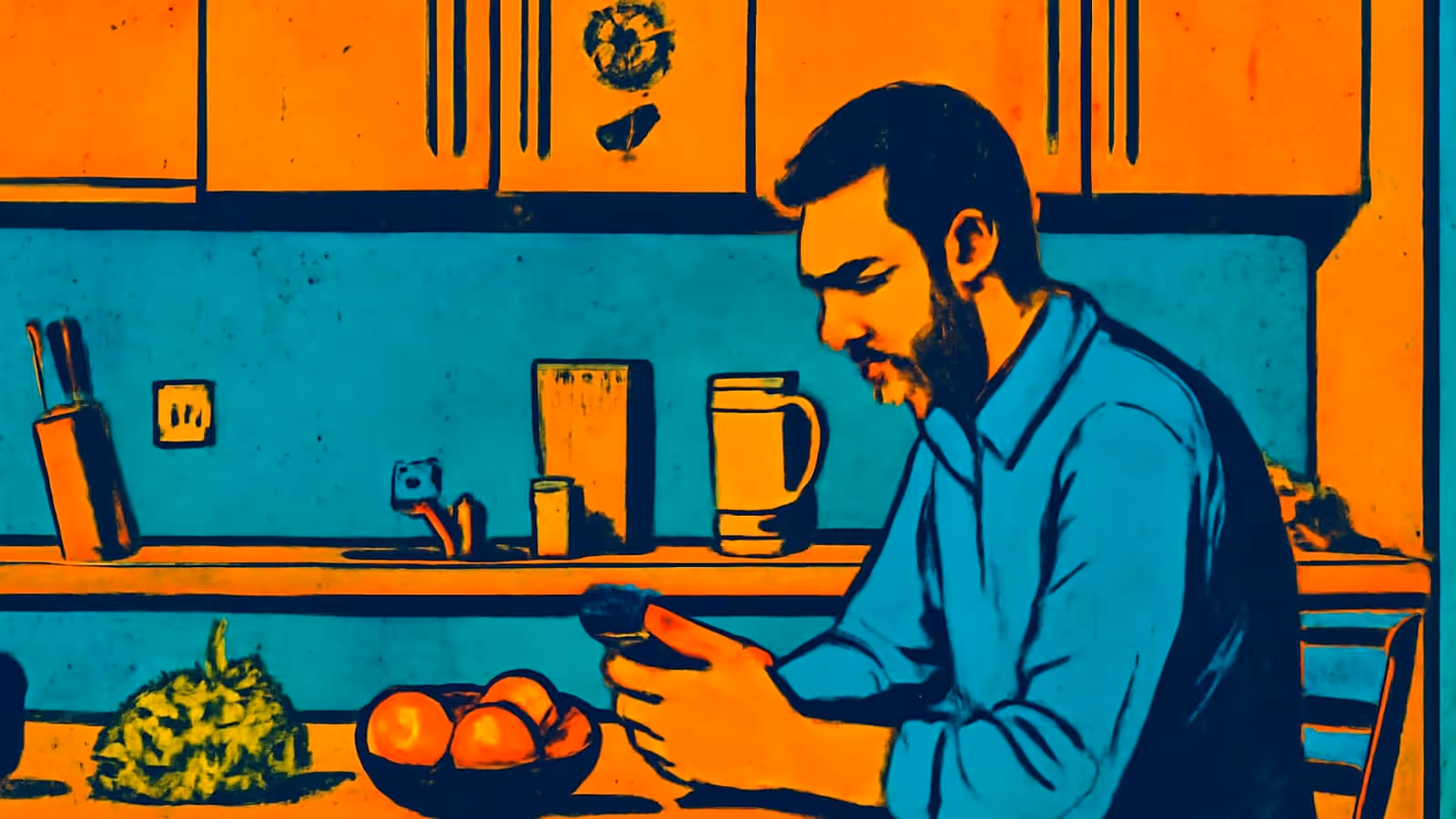 Pop-art illustration of a bearded person in a blue shirt sitting at a kitchen table, head down, holding a phone in both hands.