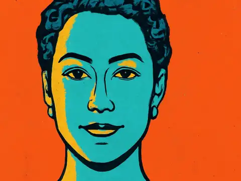 Pop-art illustration of a woman facing forward against a flat orange background.