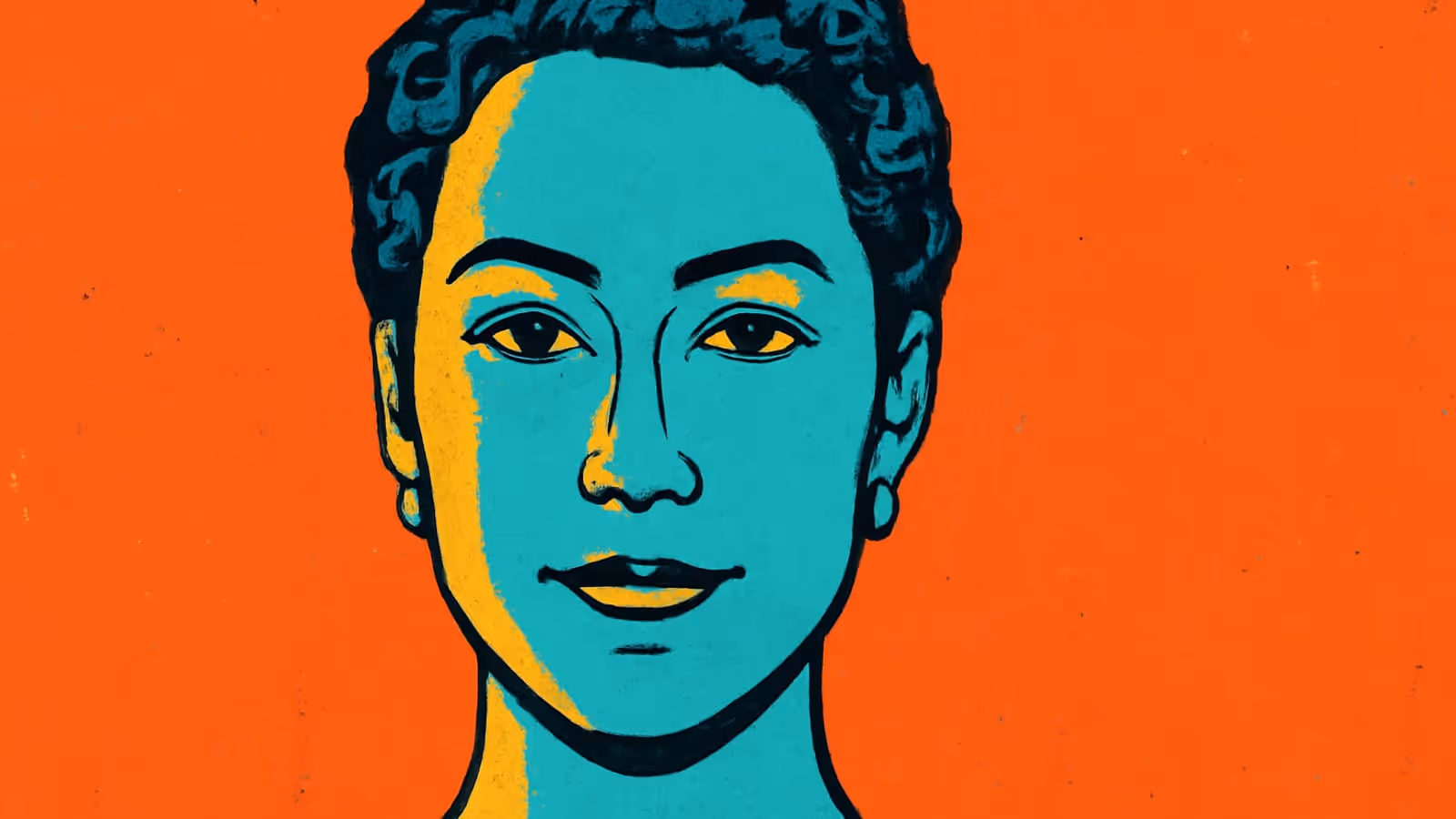 Pop-art illustration of a woman facing forward against a flat orange background.