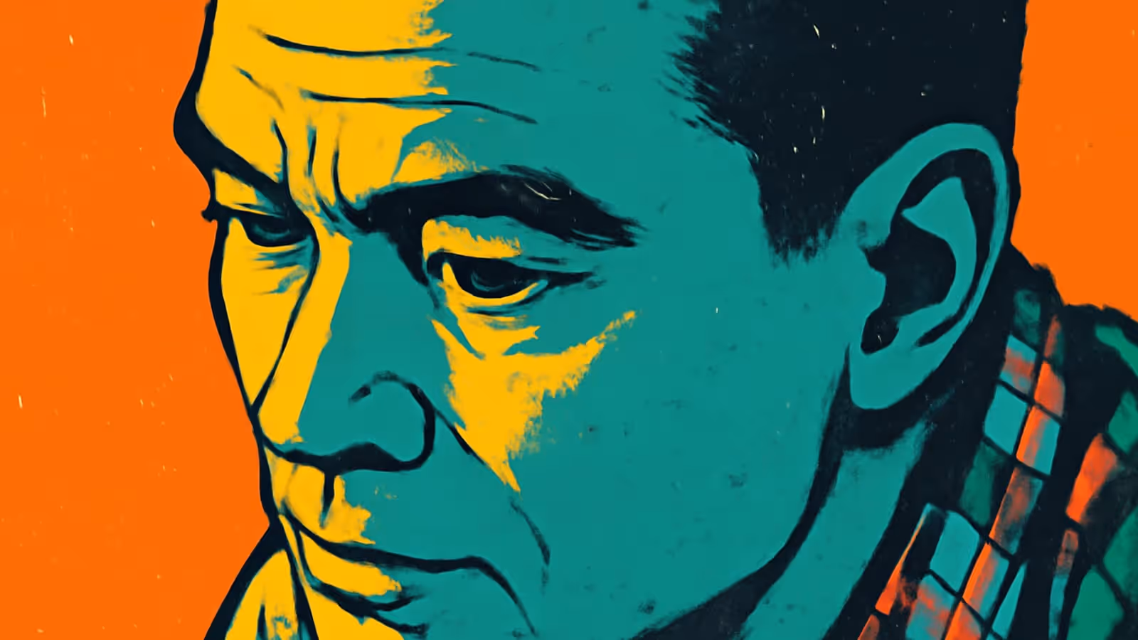 Flat pop-art illustration of a man in close-up against an orange background, looking down with a drawn expression.