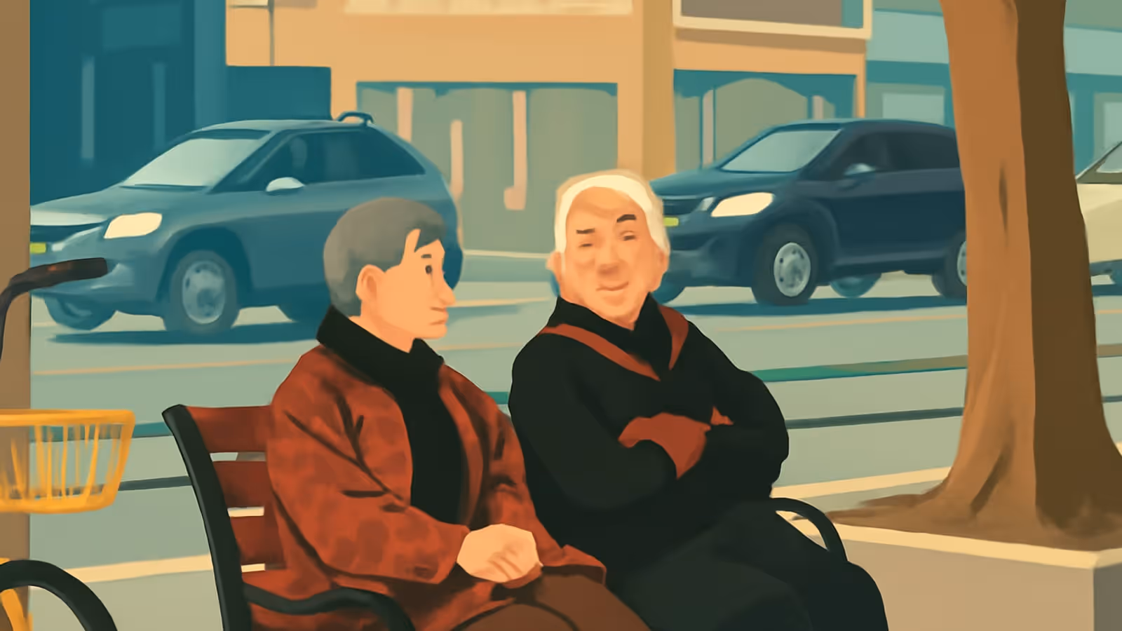 Ilustração de duas pessoas com cabelo grisalho e branco sentadas lado a lado em um banco de rua, a pessoa à esquerda voltada para a outra, com carros na estrada e um tronco de árvore atrás delas.