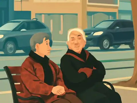 Illustration of two people with grey and white hair sitting side by side on a street bench, the person on the left turned towards the other, with cars on the road and a tree trunk behind them.