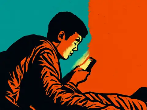 Pop-art illustration of a person lying on their side under a blanket, face lit by the screen of the phone they are holding close.