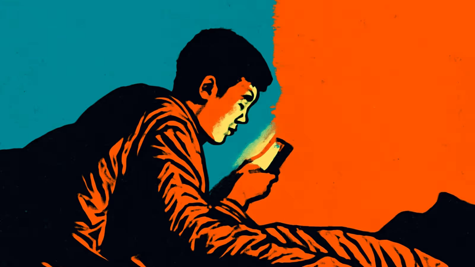 Pop-art illustration of a person lying on their side under a blanket, face lit by the screen of the phone they are holding close.