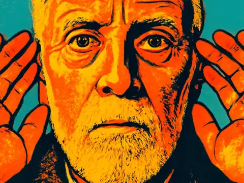 Pop-art illustration of a bearded man looking straight ahead with both hands cupped behind his ears, in orange, yellow and black against a teal background.