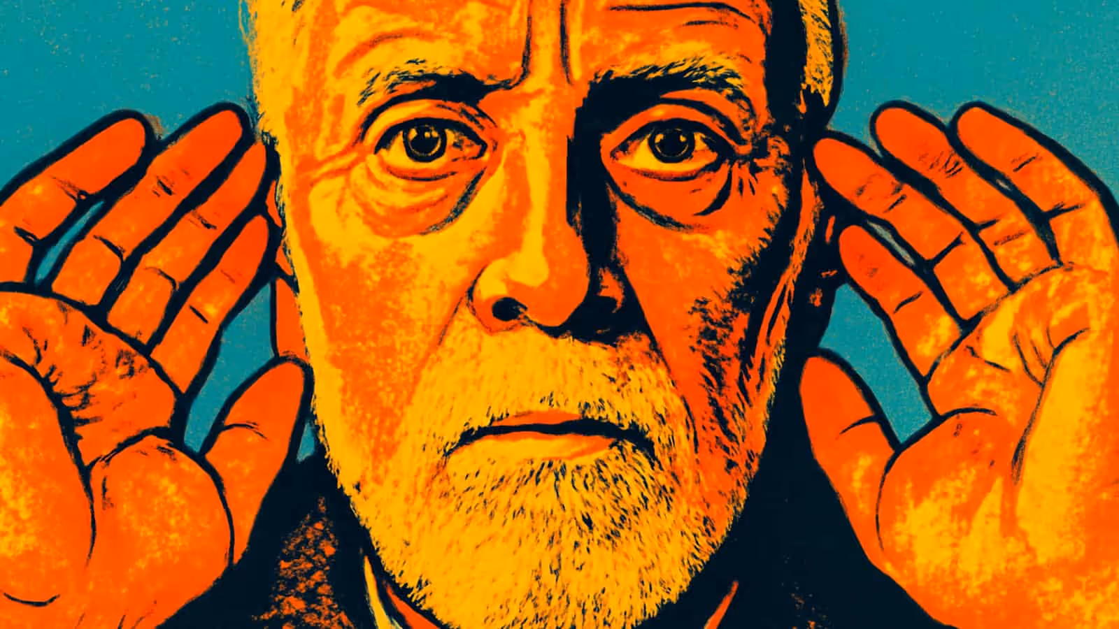 Ilustração em pop art de um homem com barba olhando para frente com ambas as mãos em concha atrás das orelhas, em laranja, amarelo e preto contra um fundo azul-petróleo.