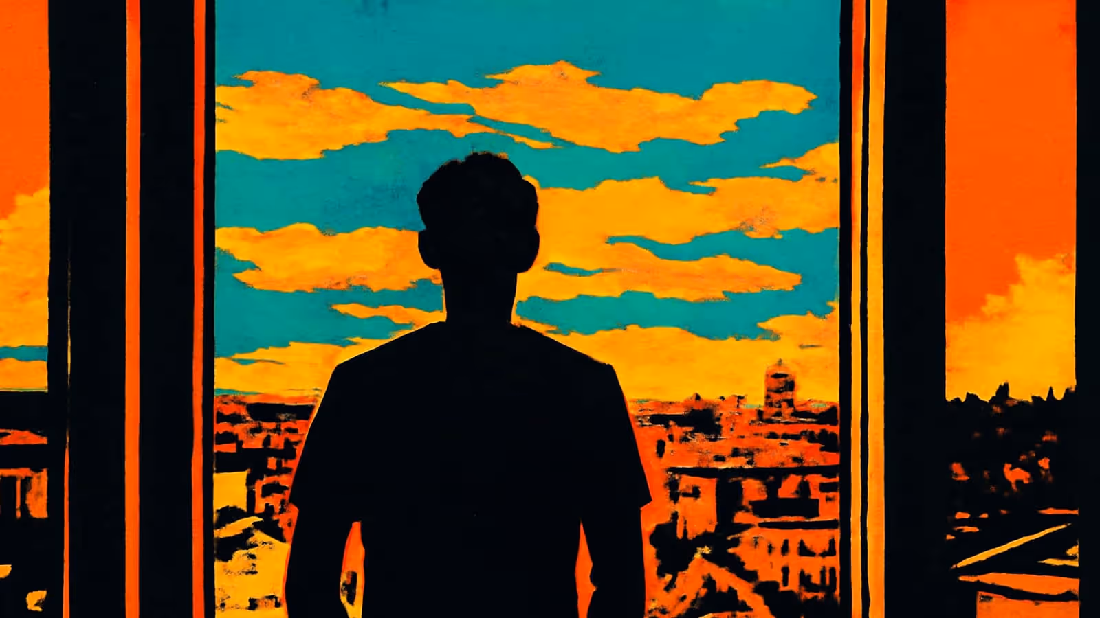 Pop-art illustration of a person seen from behind in silhouette, standing at a window looking out over a city under an orange and teal sky.