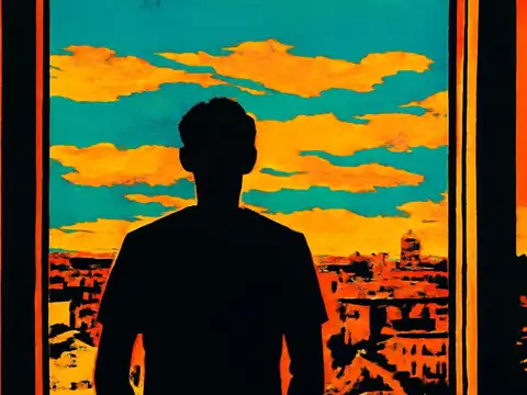 Pop-art illustration of a person seen from behind in silhouette, standing at a window looking out over a city under an orange and teal sky.