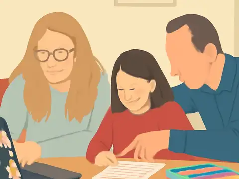 Flat vector illustration of two parents leaning in closely on either side of a child at a table, pointing at homework.