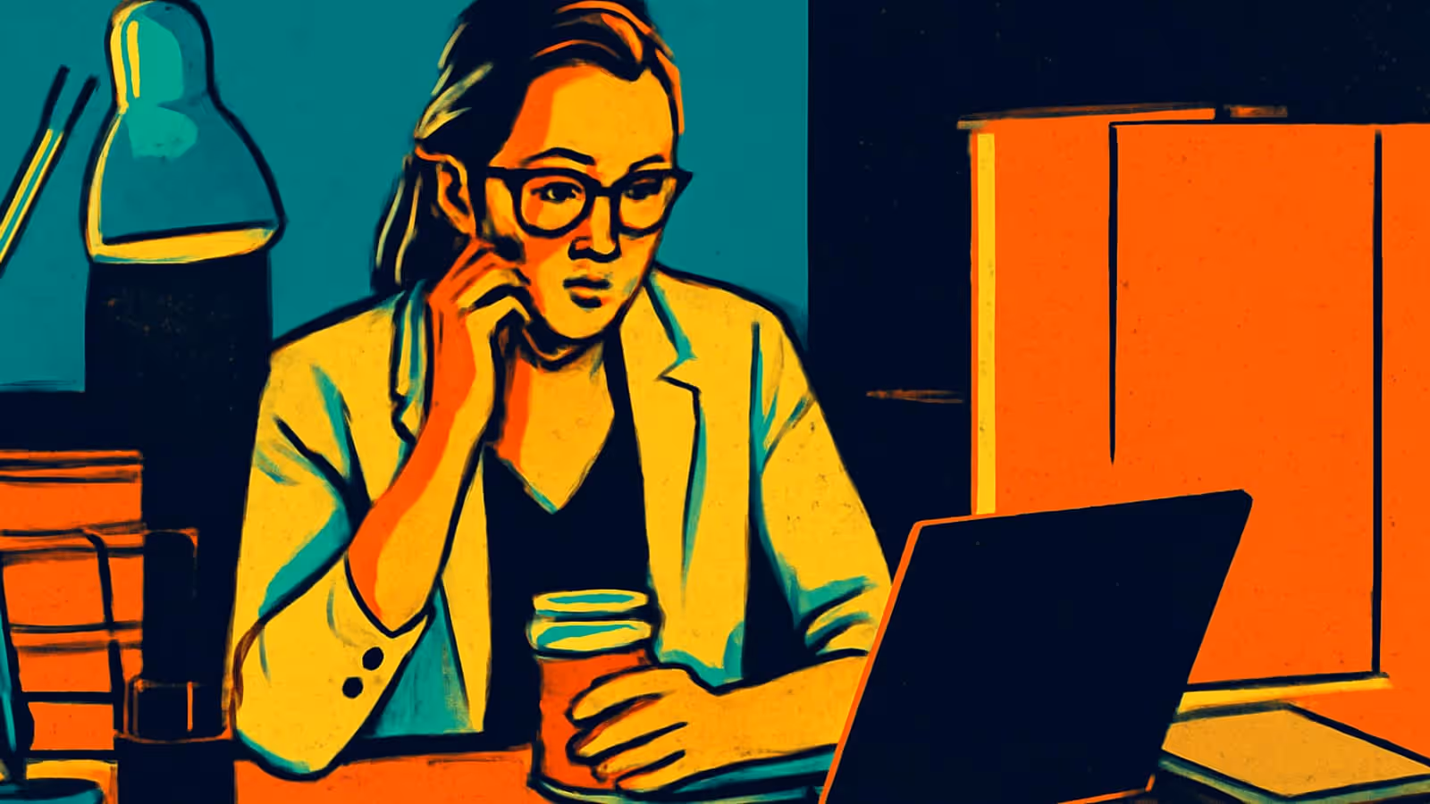 Pop-art illustration of a woman in glasses at a desk in front of a laptop, resting her chin on one hand with a lamp and papers beside her.