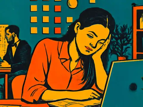 Pop-art illustration of a woman at an office desk resting her head on one hand in front of a laptop, with a colleague working at a desk behind her.