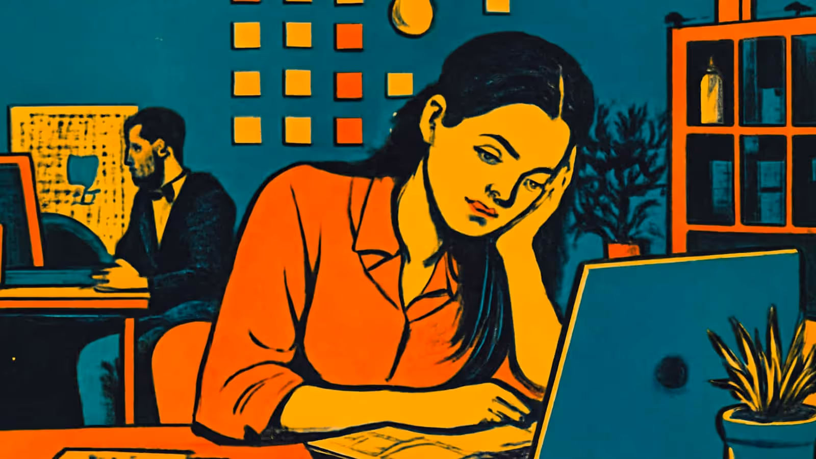 Pop-art illustration of a woman at an office desk resting her head on one hand in front of a laptop, with a colleague working at a desk behind her.
