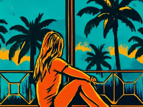 Pop-art illustration of a person with long hair seen from the side, sitting in a window with one knee raised and looking out at palm trees under a teal and orange sky.