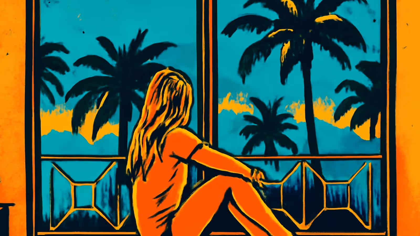 Pop-art illustration of a person with long hair seen from the side, sitting in a window with one knee raised and looking out at palm trees under a teal and orange sky.