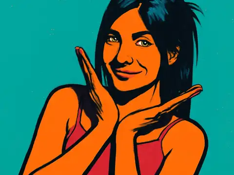 Pop-art illustration of a woman smiling with her hands raised expressively beside her face, against a teal background.
