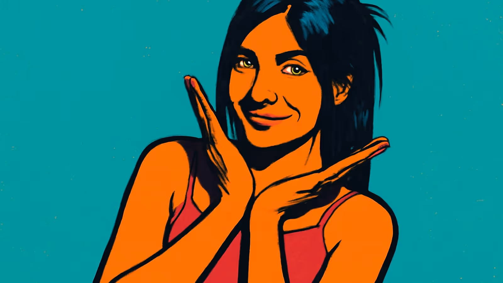 Pop-Art-Illustration einer Frau, die lächelt und ihre Hände ausdrucksvoll neben ihrem Gesicht hebt, vor einem türkisfarbenen Hintergrund.