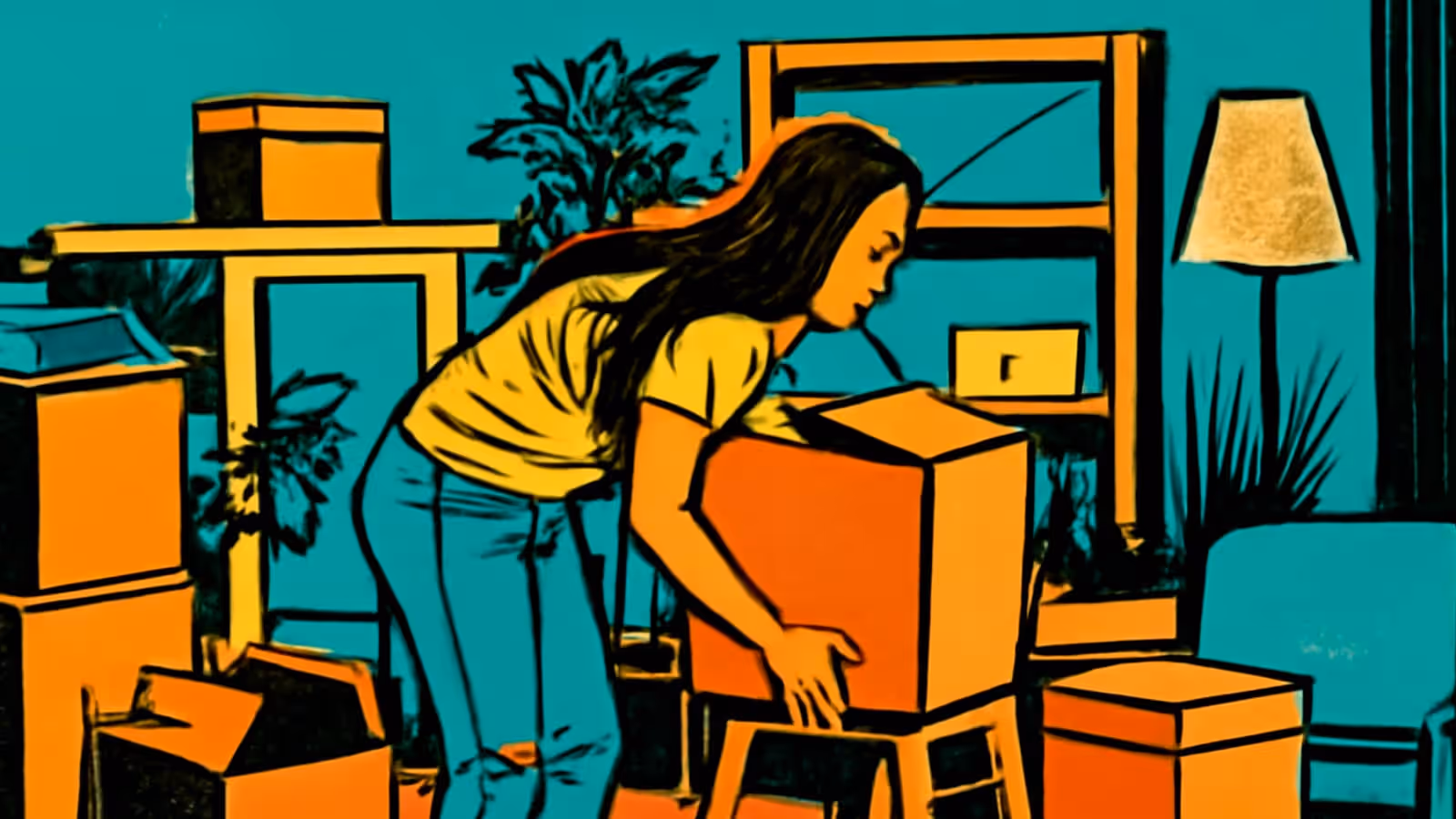 Flat pop-art illustration in teal, orange and yellow. A person with long hair leans over an open cardboard box in a living room, with stacked boxes on the floor and shelves around them.