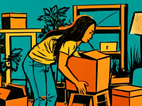Flat pop-art illustration in teal, orange and yellow. A person with long hair leans over an open cardboard box in a living room, with stacked boxes on the floor and shelves around them.