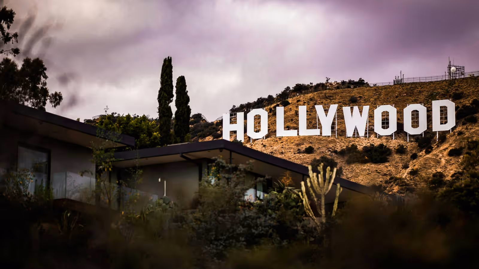 The Hollywood sign standing on a dry hillside under a heavy purple sky, with the flat roof of a modernist house and dense planting in the foreground.