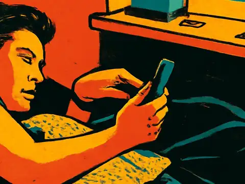 A person lying down in dim light looking at a phone held above them, the screen lighting their face, rendered as a flat orange and teal illustration.