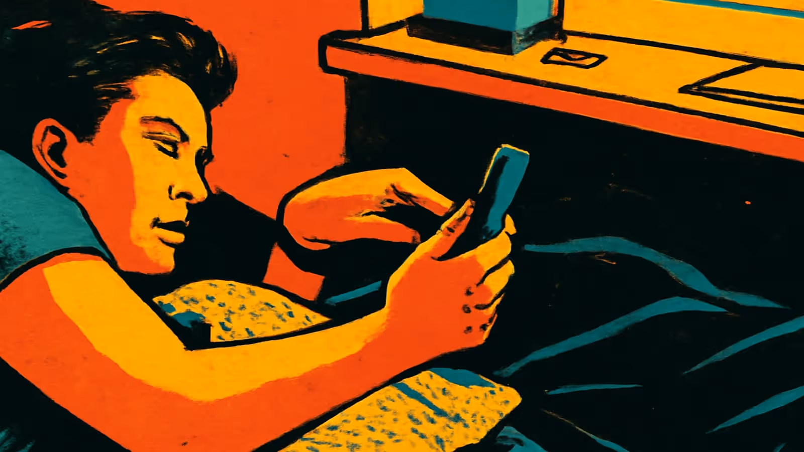A person lying down in dim light looking at a phone held above them, the screen lighting their face, rendered as a flat orange and teal illustration.