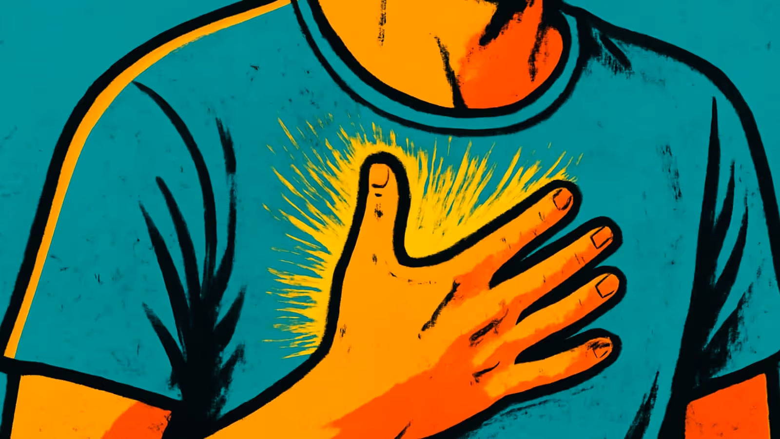 Pop-art illustration of a person in a t-shirt with one hand pressed flat against their chest, short lines radiating from beneath it.