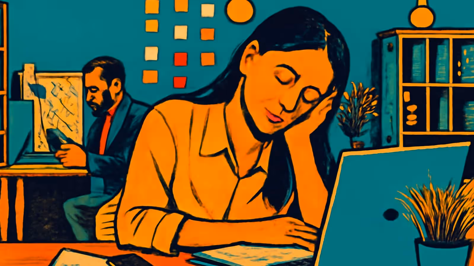 Pop-art illustration of a person at an office desk resting their head on one hand with eyes closed, a colleague working behind them.