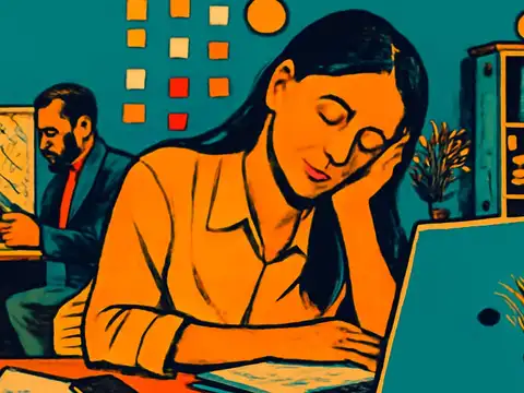 Pop-art illustration of a person at an office desk resting their head on one hand with eyes closed, a colleague working behind them.