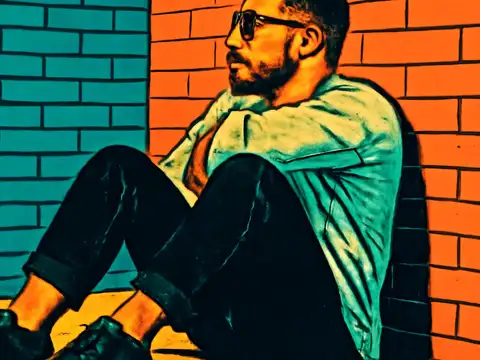 Pop-art illustration of a man sitting on the floor with his back against a wall.