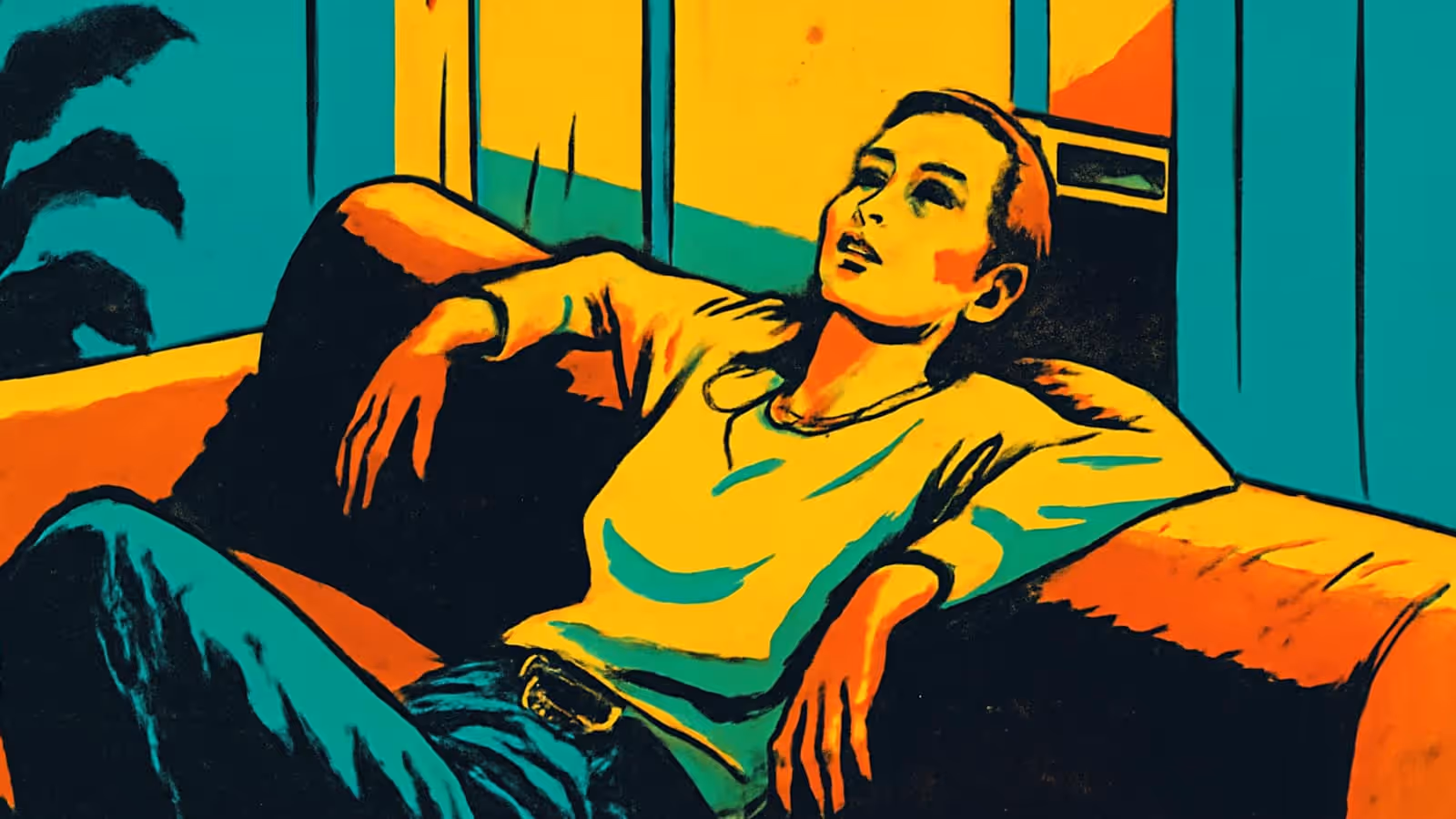 Pop-art illustration of a woman in a pale top slumped back against a sofa, head tilted, looking upward.