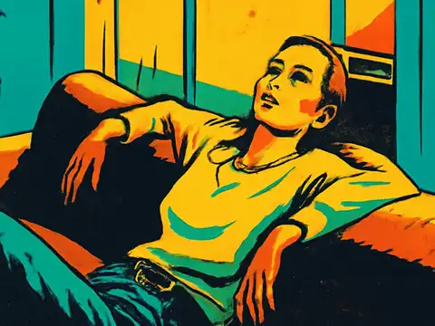 Pop-art illustration of a woman in a pale top slumped back against a sofa, head tilted, looking upward.