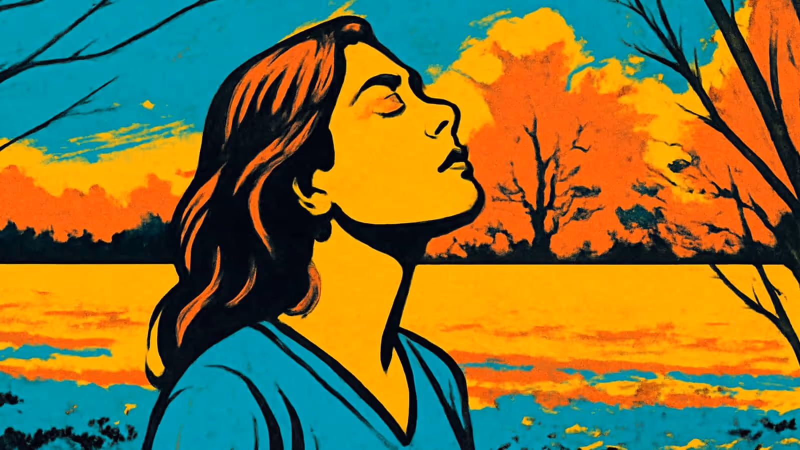 Ilustración de pop-art de una mujer al aire libre junto a un lago, con la cabeza inclinada hacia atrás y los ojos cerrados.