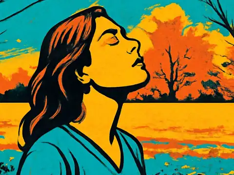 Pop-art illustration of a woman outdoors beside a lake, head tilted back and eyes closed.