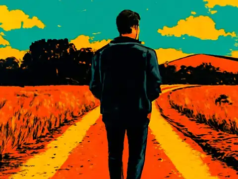 Pop-art illustration of a man walking outdoors on his own.