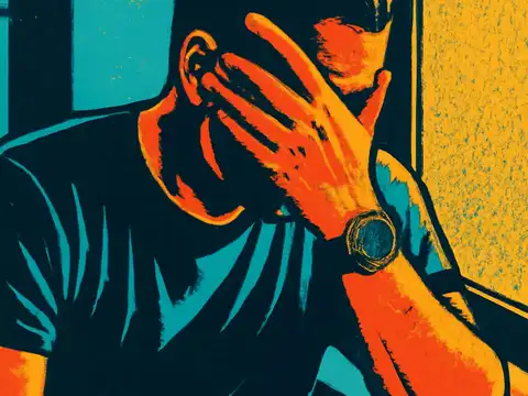 Pop-art illustration of a man sitting with one hand covering his face beside a window.