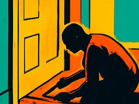 Pop-art illustration of a man tying his shoes in a doorway.