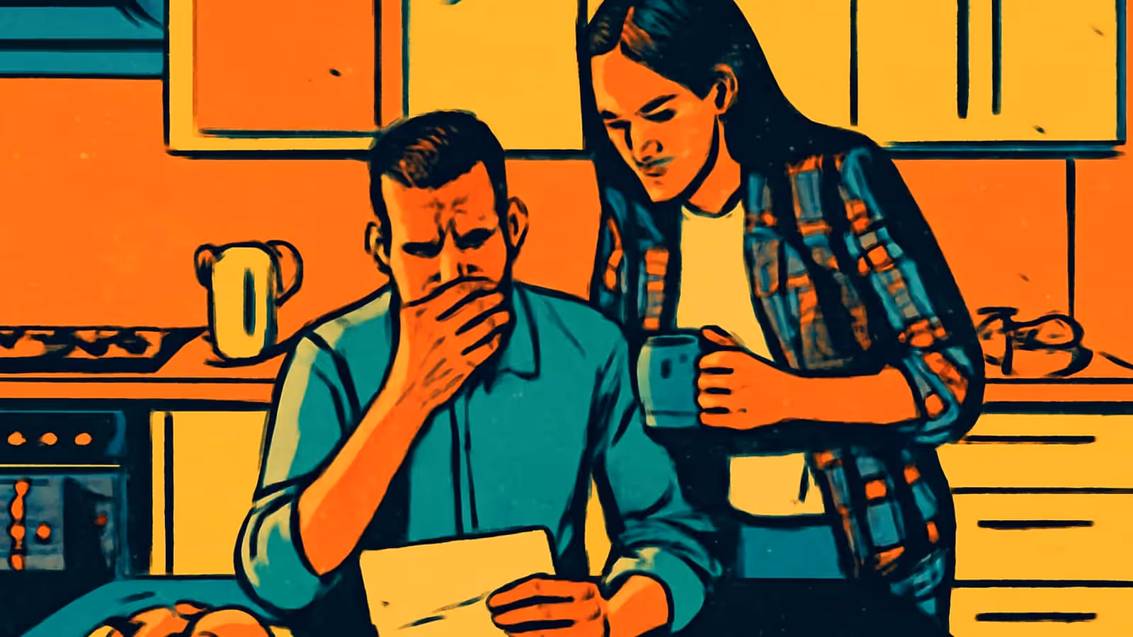 A person sitting at a kitchen table with a hand over their mouth looking down at a letter, while another person stands behind them holding a mug, rendered as a flat orange, yellow and teal illustration.