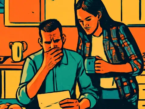 A person sitting at a kitchen table with a hand over their mouth looking down at a letter, while another person stands behind them holding a mug, rendered as a flat orange, yellow and teal illustration.