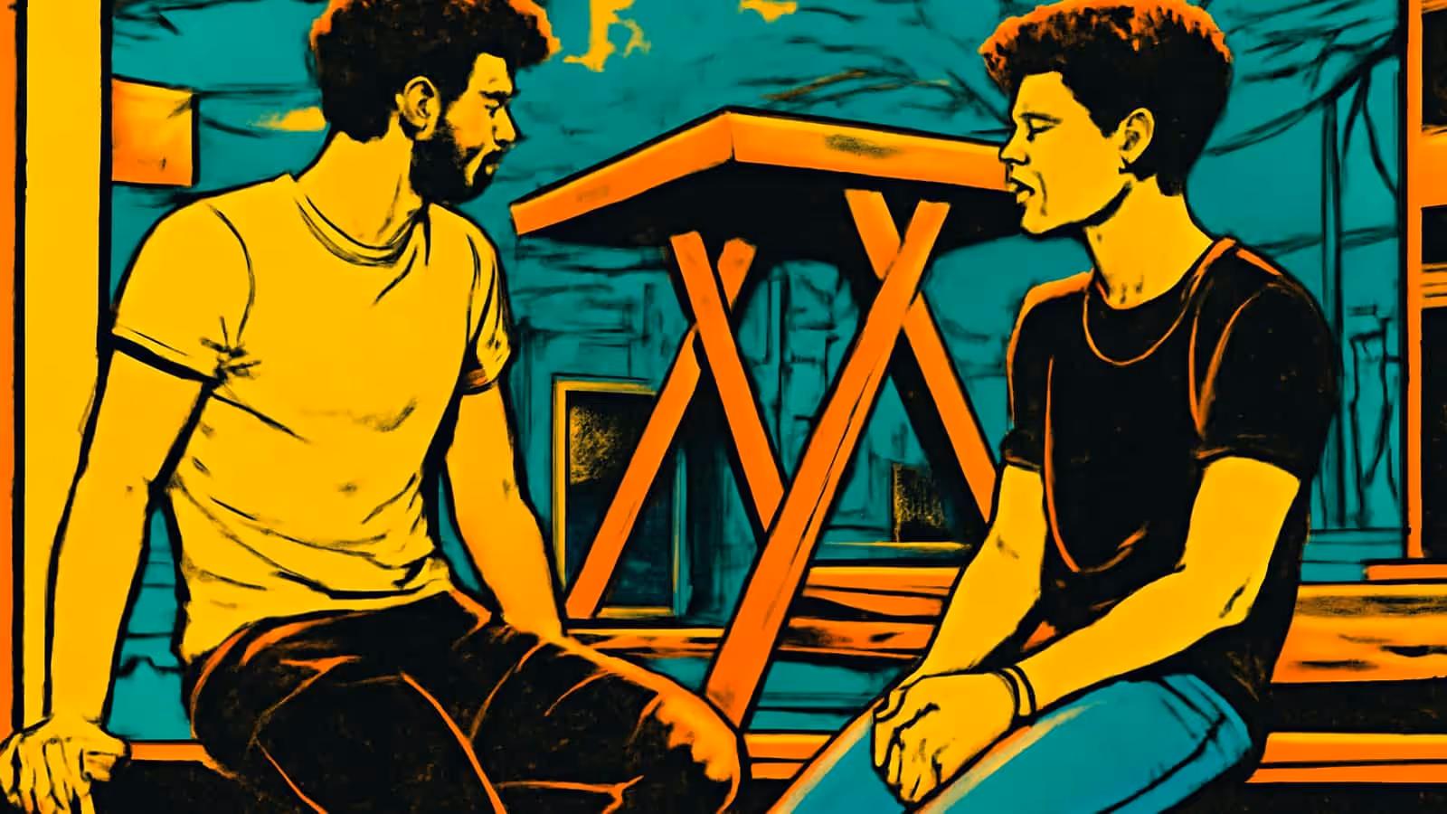 Two young men sit facing each other on a bench outdoors with a wooden table between them, one in a pale t-shirt and one in a dark t-shirt, rendered as a flat yellow, orange and teal illustration.