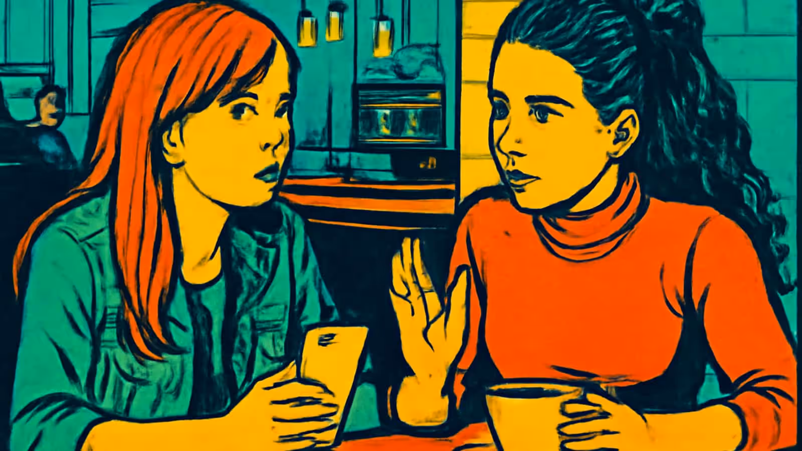 Two people sitting side by side at a cafe table with drinks in front of them, one speaking with a raised hand while the other listens, rendered as a flat orange, yellow and teal illustration.
