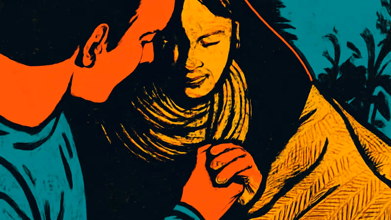 Two people sitting close together under a blanket, one resting their head against the other and both holding hands, rendered as a flat orange, yellow and teal illustration.