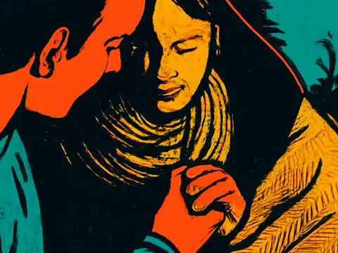 Two people sitting close together under a blanket, one resting their head against the other and both holding hands, rendered as a flat orange, yellow and teal illustration.