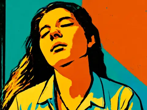 Pop-art illustration of a long-haired person with their eyes closed and head tilted back, against split teal and orange panels.