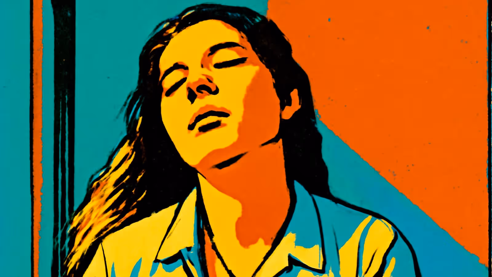Pop-art illustration of a long-haired person with their eyes closed and head tilted back, against split teal and orange panels.