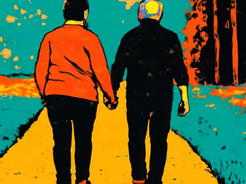 Pop-art illustration of two people seen from behind walking hand in hand along a yellow path, one in an orange sweater and one in black, with teal grass and dark trees either side.