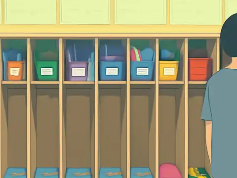 Flat vector illustration of a child in a grey-blue t-shirt seen from behind, standing beside a long row of wooden cubbies holding colourful storage bins in a classroom.