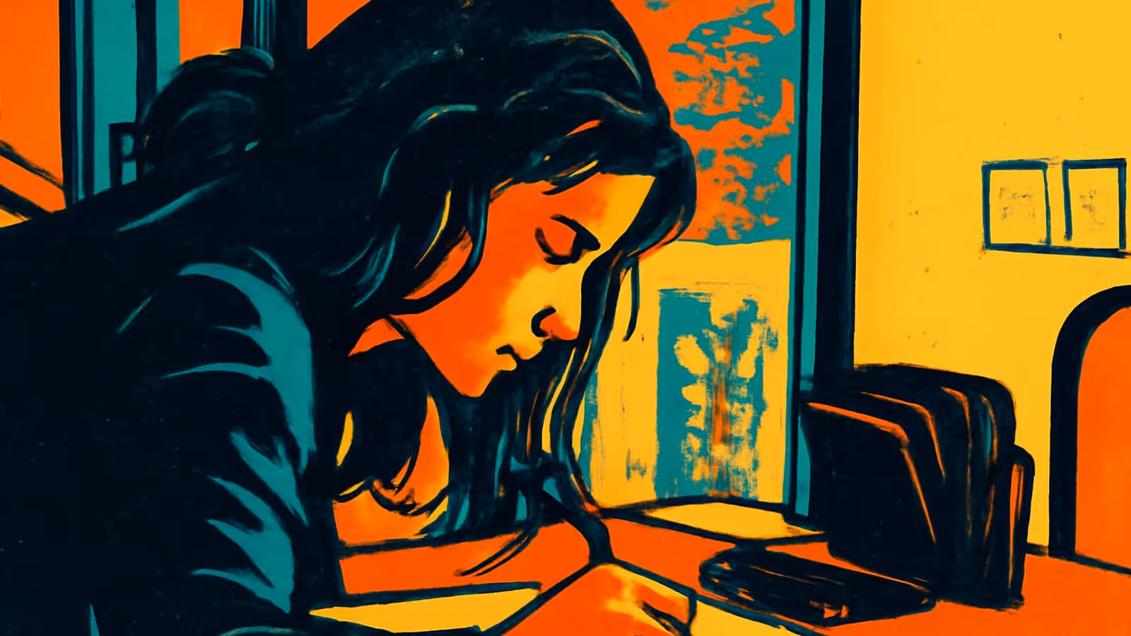 Pop-art illustration of a person with long dark hair bent over a table writing, a window and a stack of books behind them.