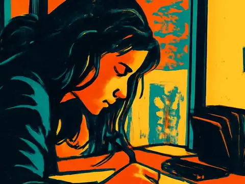 Pop-art illustration of a person with long dark hair bent over a table writing, a window and a stack of books behind them.